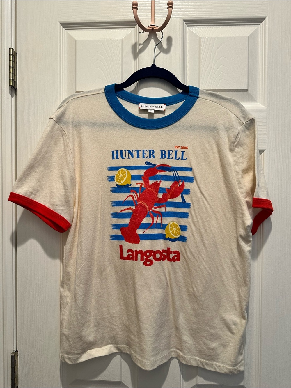 HUNTER BELL Cream Ringer Tee with Red Lobster & Blue Stripes